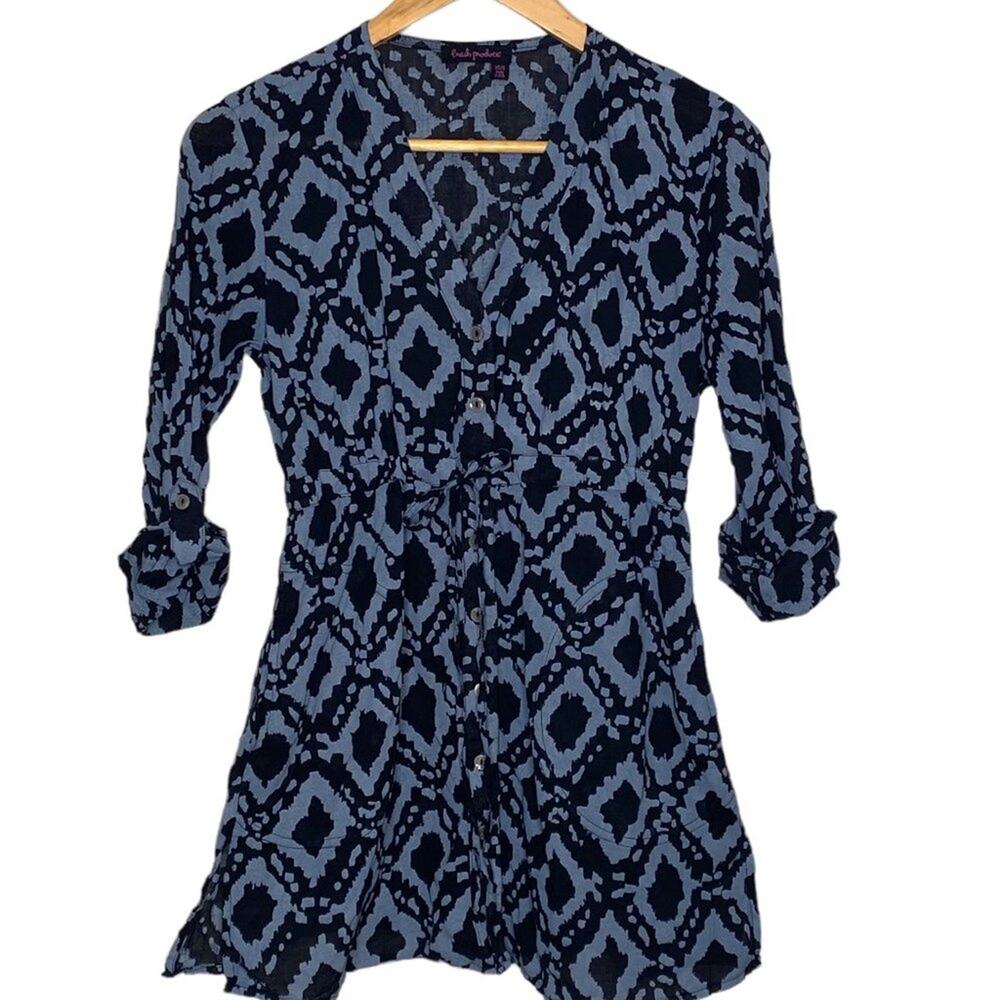 Fresh Produce Blue XS/S Cinched Waist Ikat Tunic Top Blouse